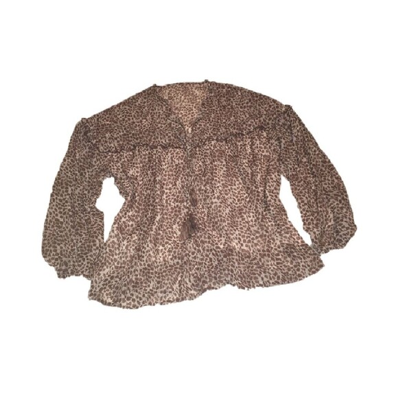 Unbranded top Womens 2XL brown sheer cheetah long sleeve ruffle Coastal Cowgirl - Picture 1 of 6
